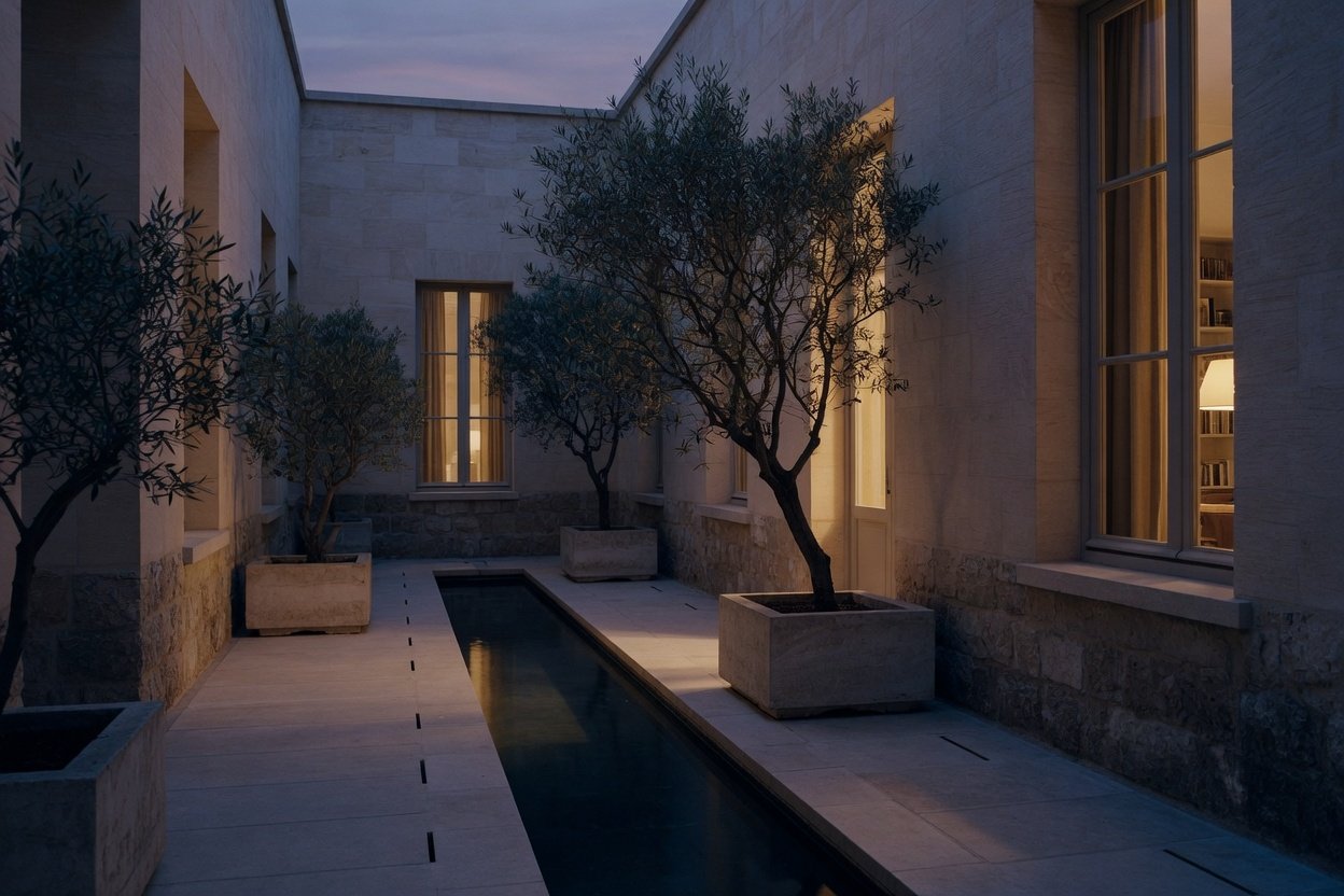 A limestone courtyard at dusk with a narrow pool and olive trees.