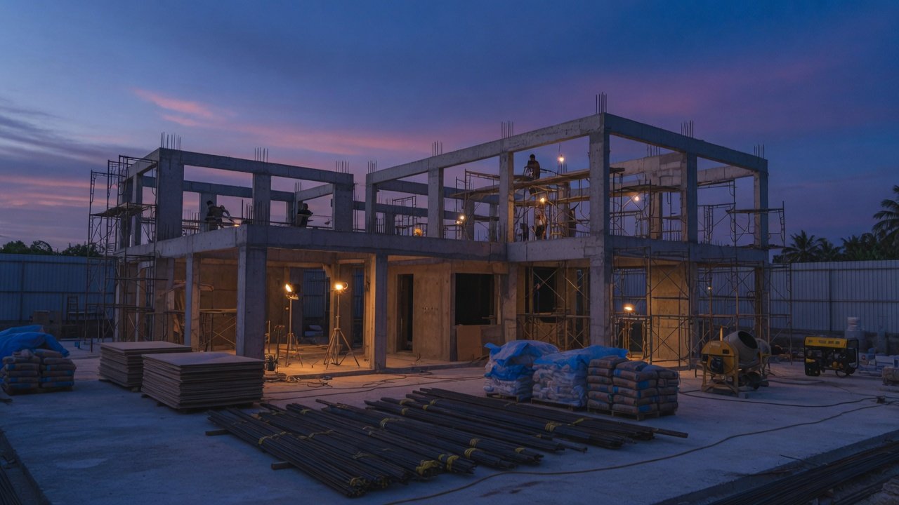 A concrete frame under construction at blue hour, with work lights on.