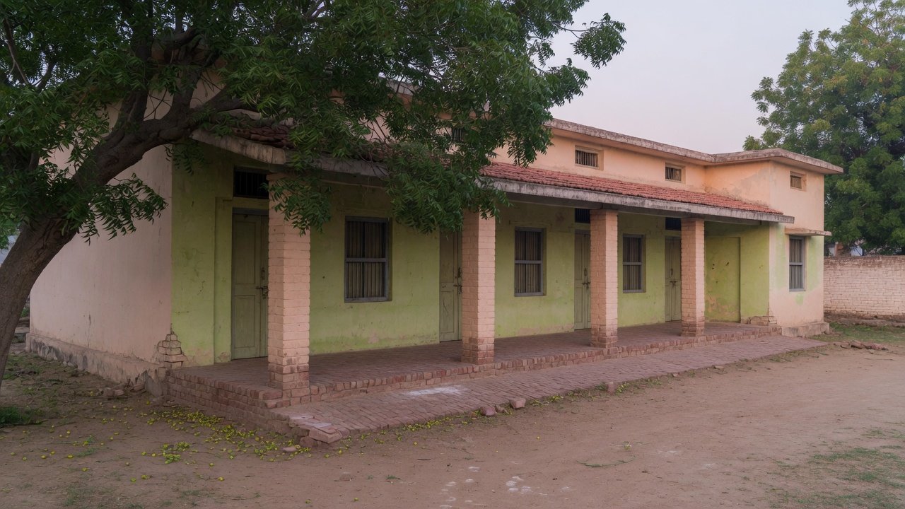 A single-storey neighbourhood building with a shaded veranda and a large tree.