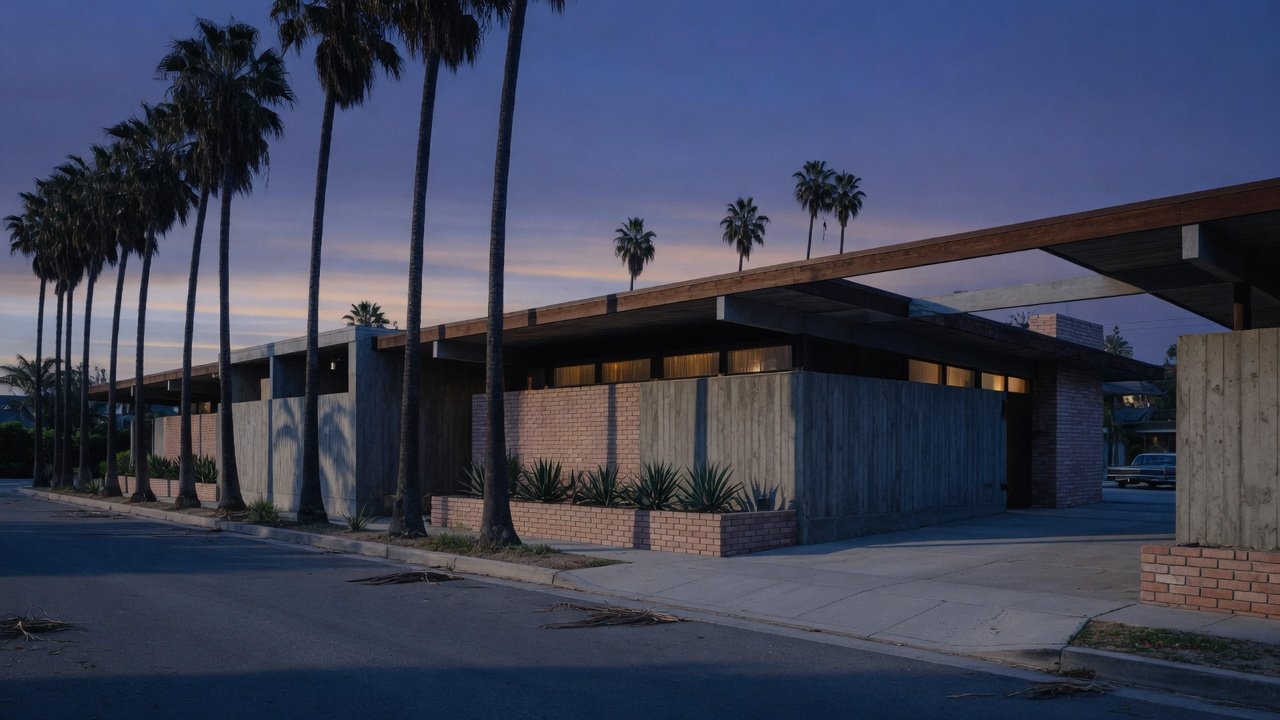 A low brick and concrete residence under a deep roof, with palms along the street at dusk.