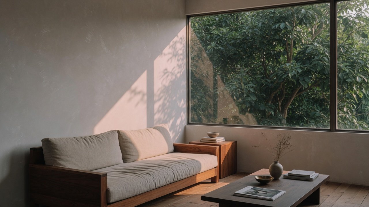 A calm living room with a teak sofa and a window onto trees.