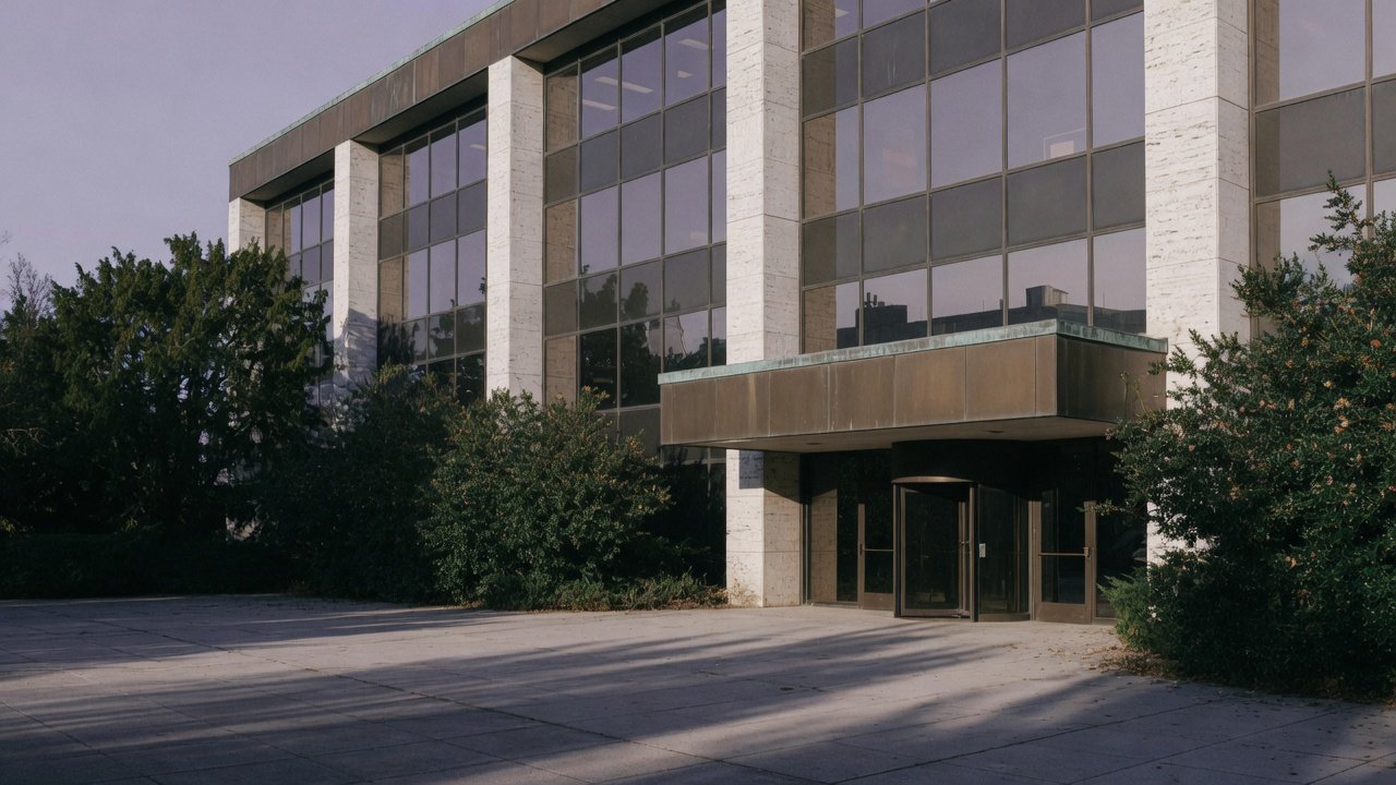 A commercial building with a limestone frame, dark glass, and a shaded entrance plaza.
